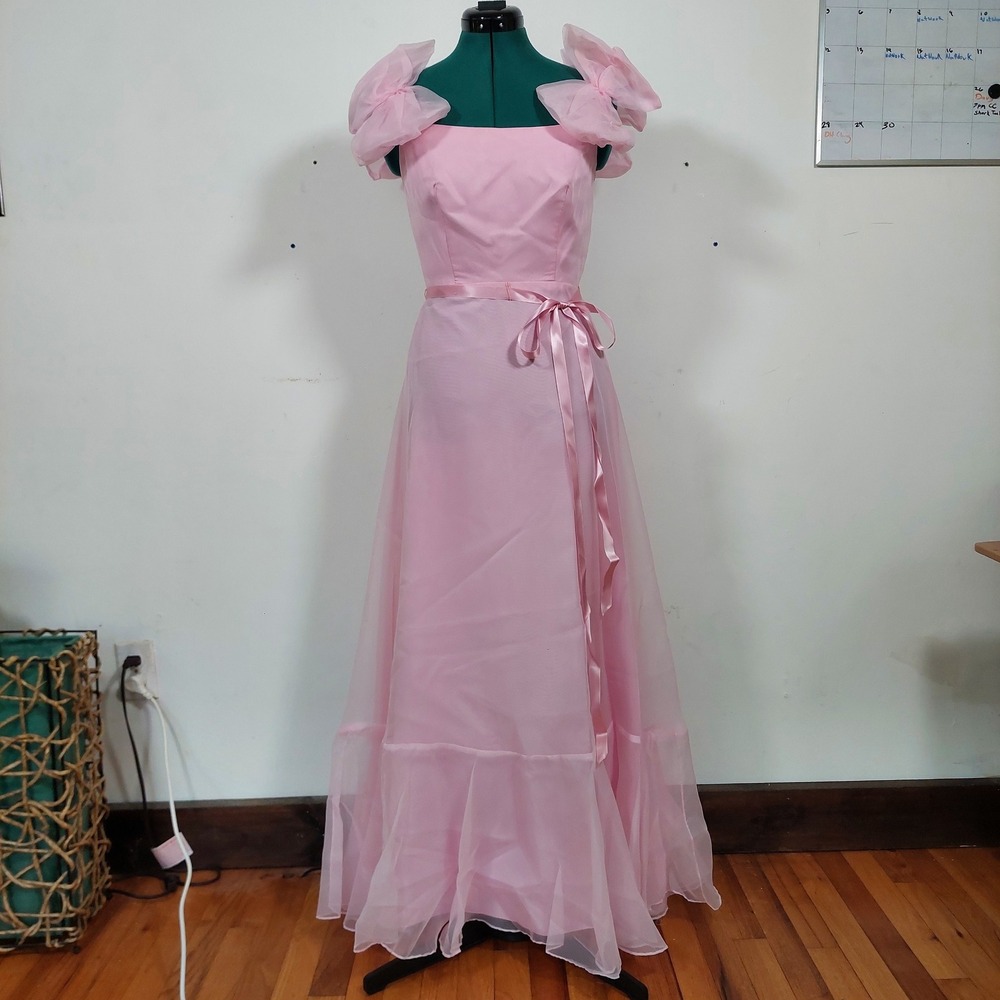 Vintage 70s Pink Organza Maxi Dress Ruffle Bow Puff Sleeve ILGWU Prom Gown